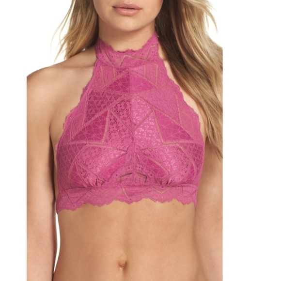 Free People Other - Free People Kiki High Neck Lace Halter Bra Bralette Size L Soft Pink Berry NWOT